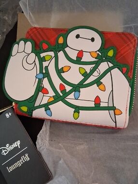 Loungefly Disney Red Plaid Snowflake Wallet with Green Trim, Baymax Holiday